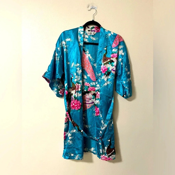 Vintage kimono style tie robe traditional print peacock and blossoms one size - Picture 1 of 7